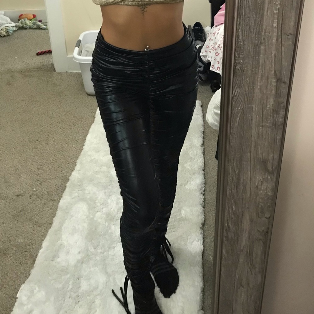 Black leather detailed dress up pants